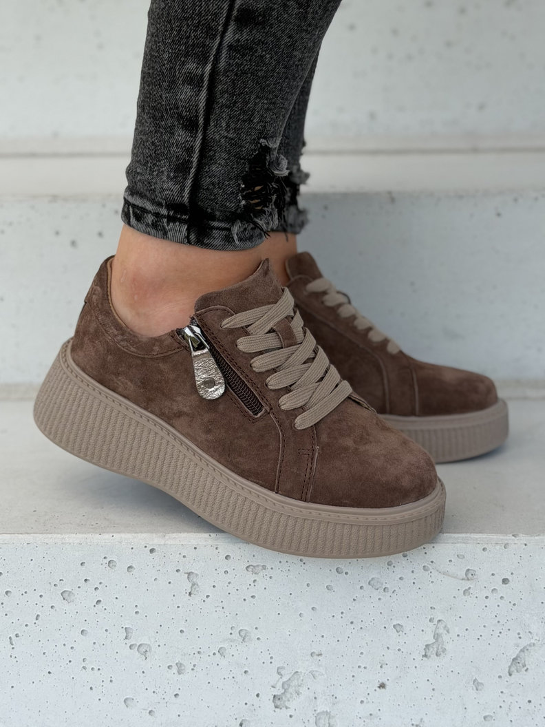 Sneakersy damskie na wyższej podeszwie RANNA ZIP light coffee skóra naturalna - obrazek 7