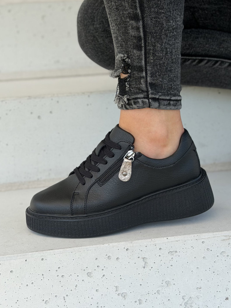 Sneakersy damskie na wyższej podeszwie RANNA ZIP black skóra naturalna