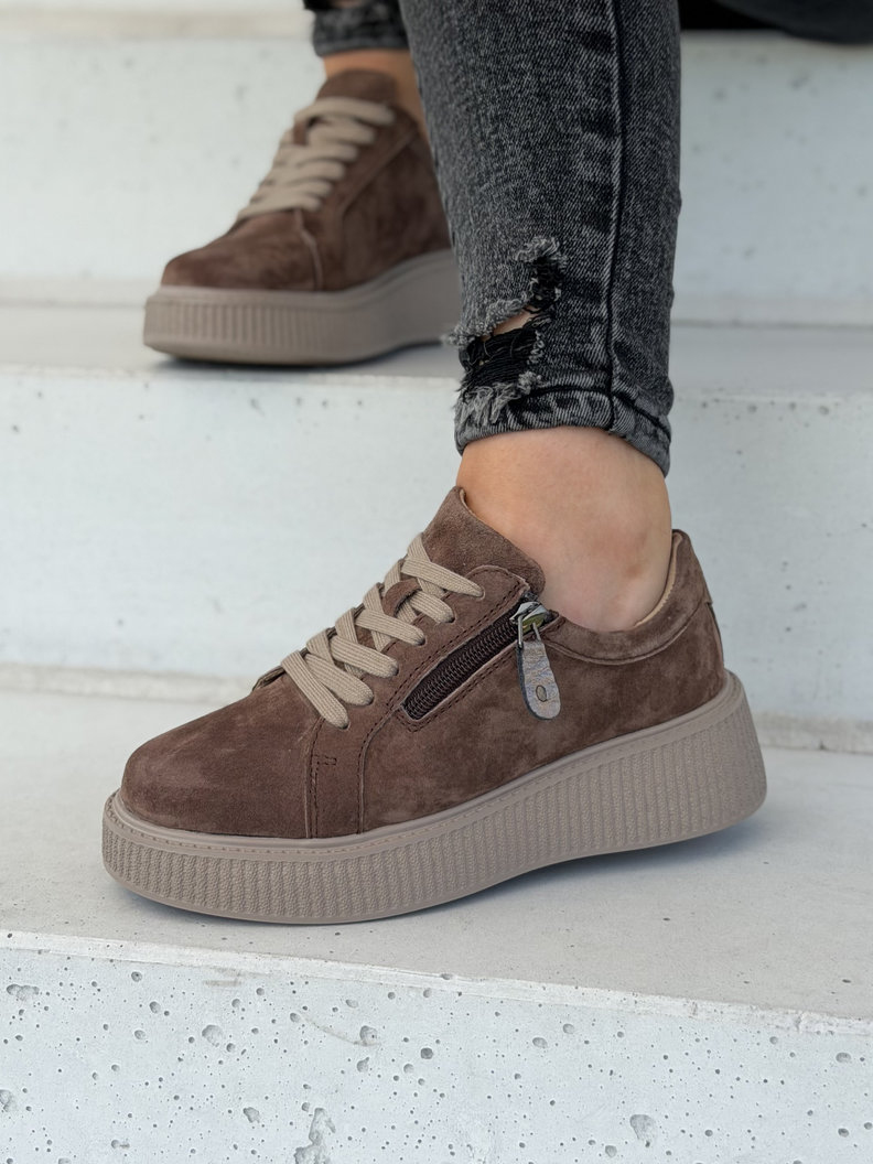 Sneakersy damskie na wyższej podeszwie RANNA ZIP light coffee skóra naturalna - obrazek 8