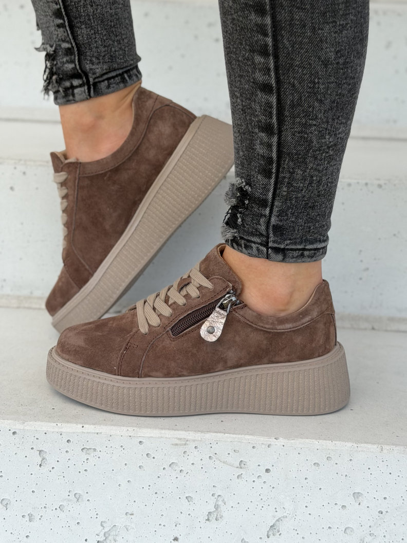 Sneakersy damskie na wyższej podeszwie RANNA ZIP light coffee skóra naturalna - obrazek 5