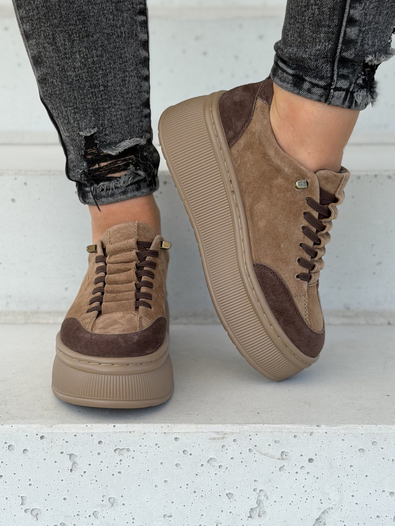 Trampki damskie ZAINA CAMEL BROWN na wyższej podeszwie skóra naturalna - obrazek 5