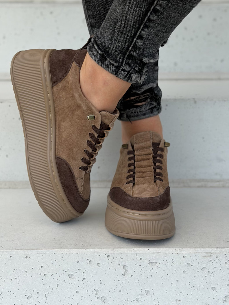 Trampki damskie ZAINA CAMEL BROWN na wyższej podeszwie skóra naturalna