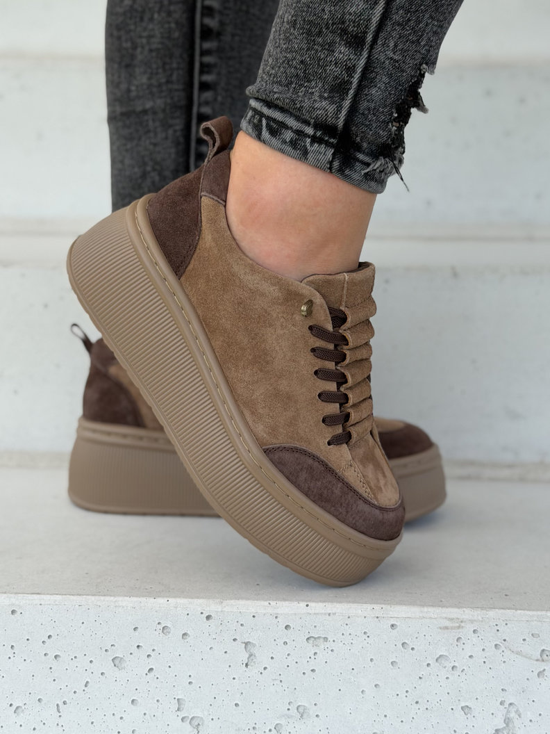 Trampki damskie ZAINA CAMEL BROWN na wyższej podeszwie skóra naturalna - obrazek 6