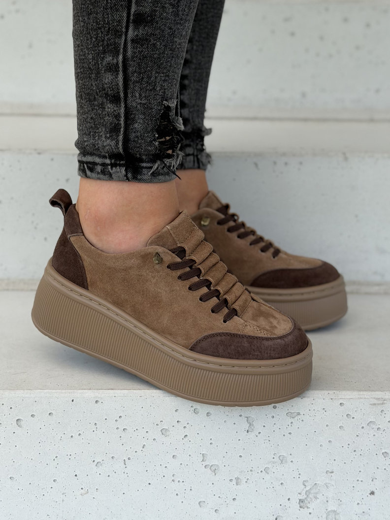 Trampki damskie ZAINA CAMEL BROWN na wyższej podeszwie skóra naturalna - obrazek 7