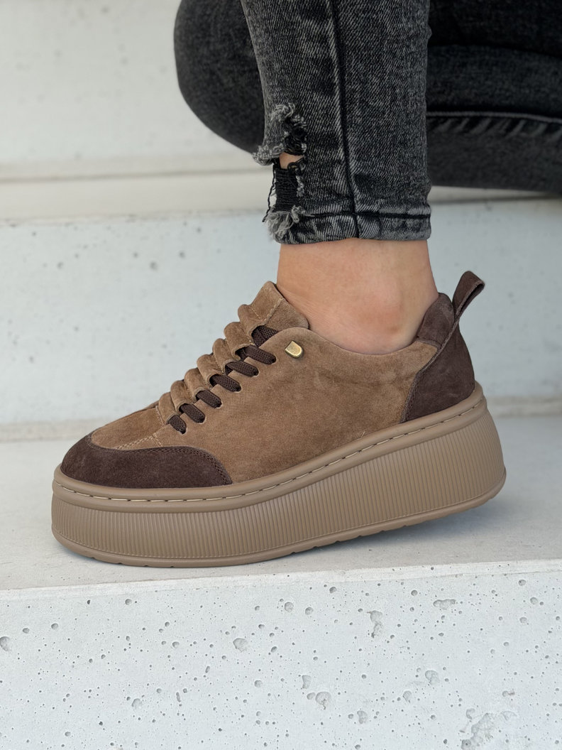Trampki damskie ZAINA CAMEL BROWN na wyższej podeszwie skóra naturalna - obrazek 4