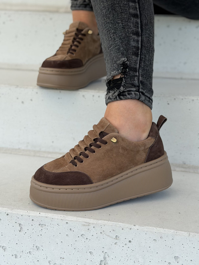 Trampki damskie ZAINA CAMEL BROWN na wyższej podeszwie skóra naturalna - obrazek 8