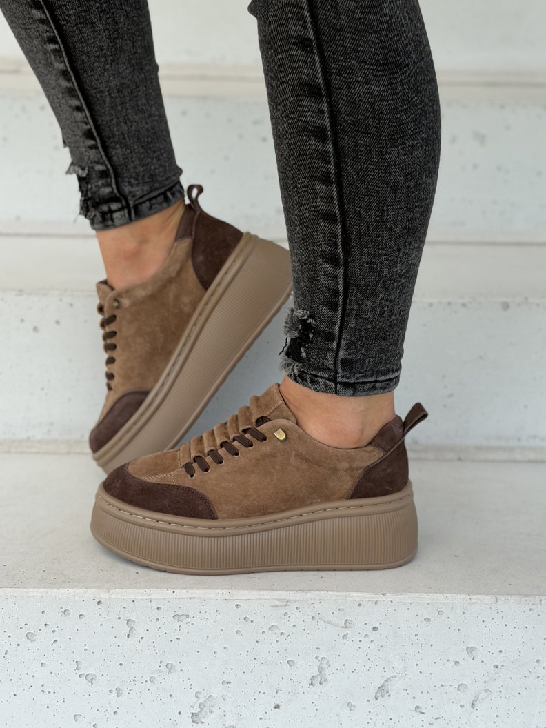 Trampki damskie ZAINA CAMEL BROWN na wyższej podeszwie skóra naturalna - obrazek 9