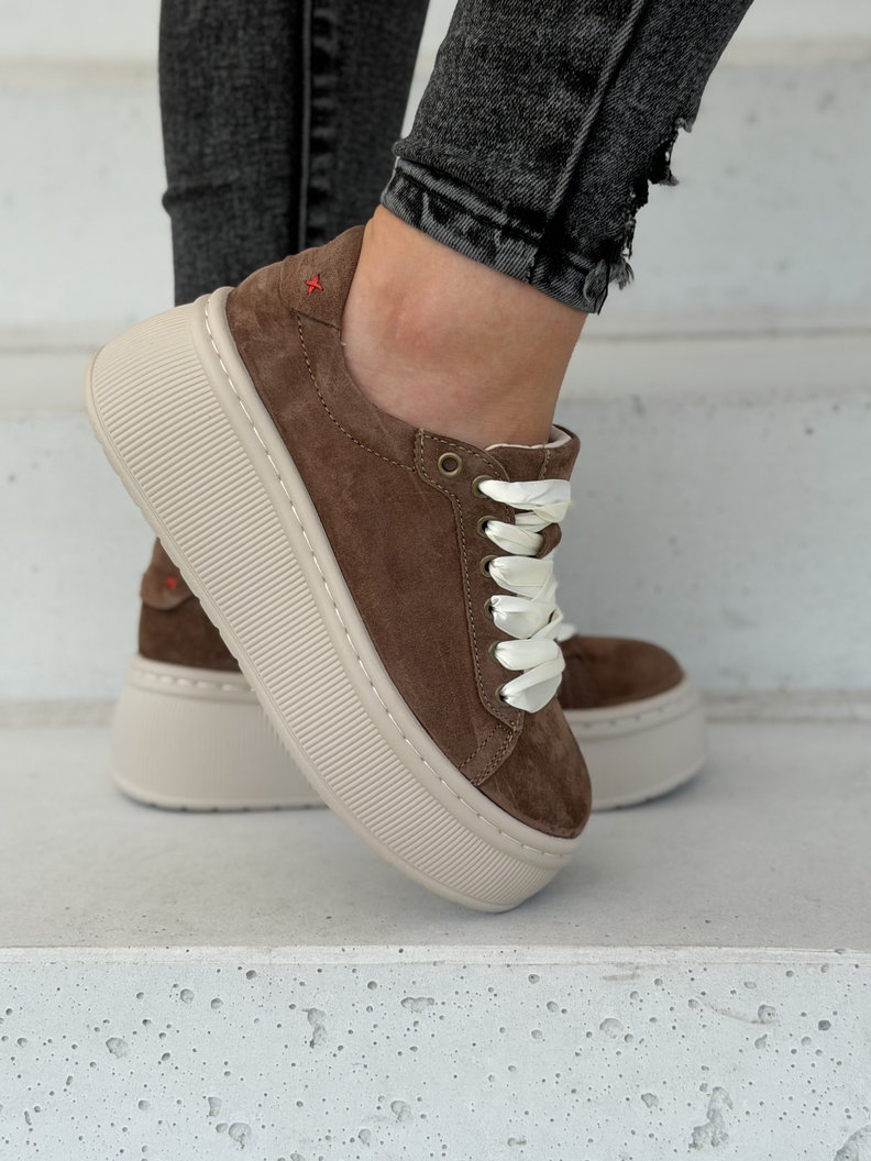 Trampki na wyższej podeszwie AMANI dark brown skóra naturalna