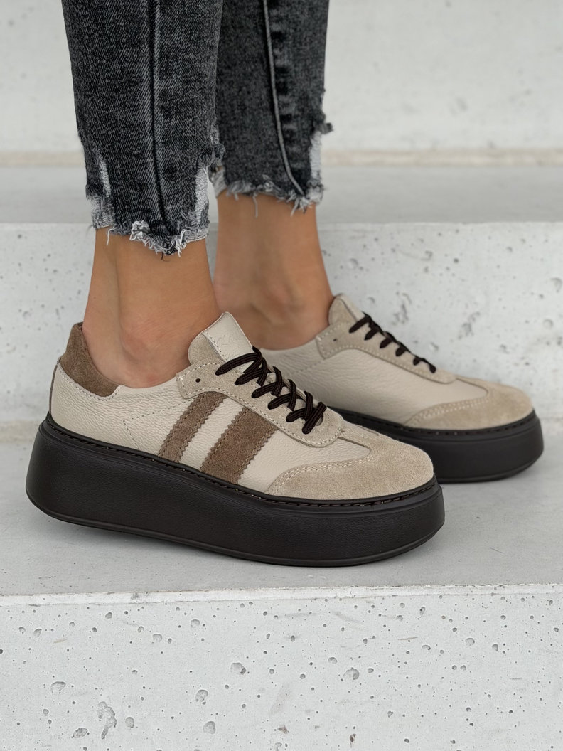 Lekkie skórzane trampkina wyższej podeszwie KAZADII VELTO BEIGE polska produkcja - obrazek 4