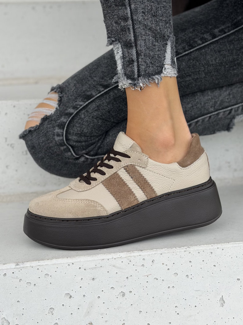Lekkie skórzane trampkina wyższej podeszwie KAZADII VELTO BEIGE polska produkcja - obrazek 5