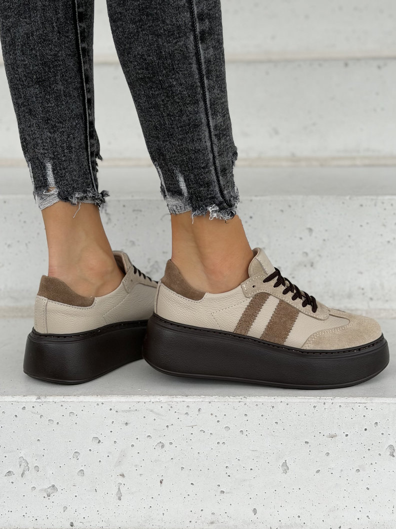 Lekkie skórzane trampkina wyższej podeszwie KAZADII VELTO BEIGE polska produkcja - obrazek 6