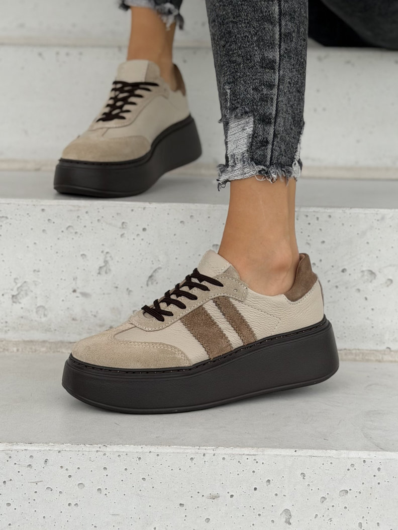Lekkie skórzane trampkina wyższej podeszwie KAZADII VELTO BEIGE polska produkcja - obrazek 7