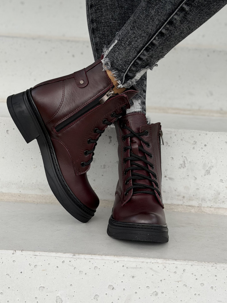 Ocieplane skórzane botki MARONA BURGUNDY - obrazek 6