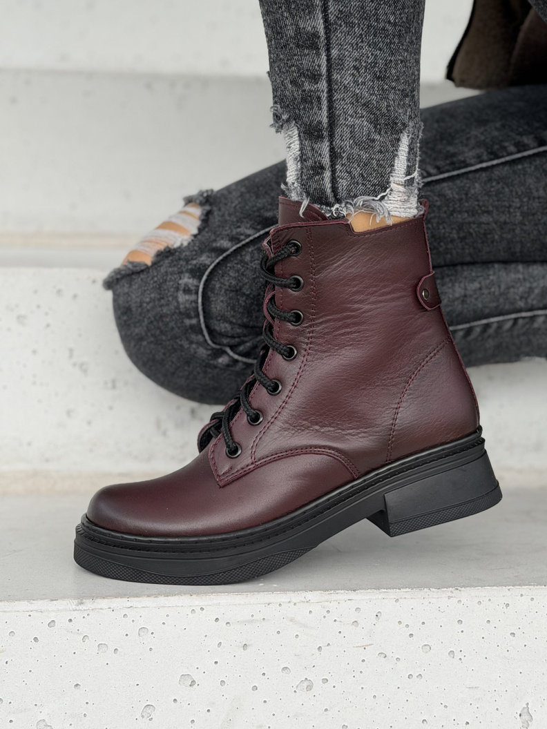 Ocieplane skórzane botki MARONA BURGUNDY