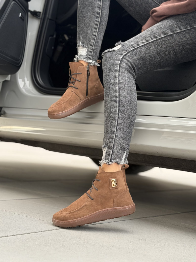Skórzane ocieplane botki barefoot KAZADII LAREVIA CAMEL polska produkcja