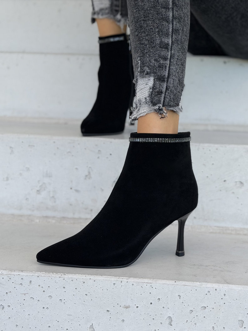 Skórzane ocieplane botki na obcasie REVIA BLACK SUEDE - obrazek 6