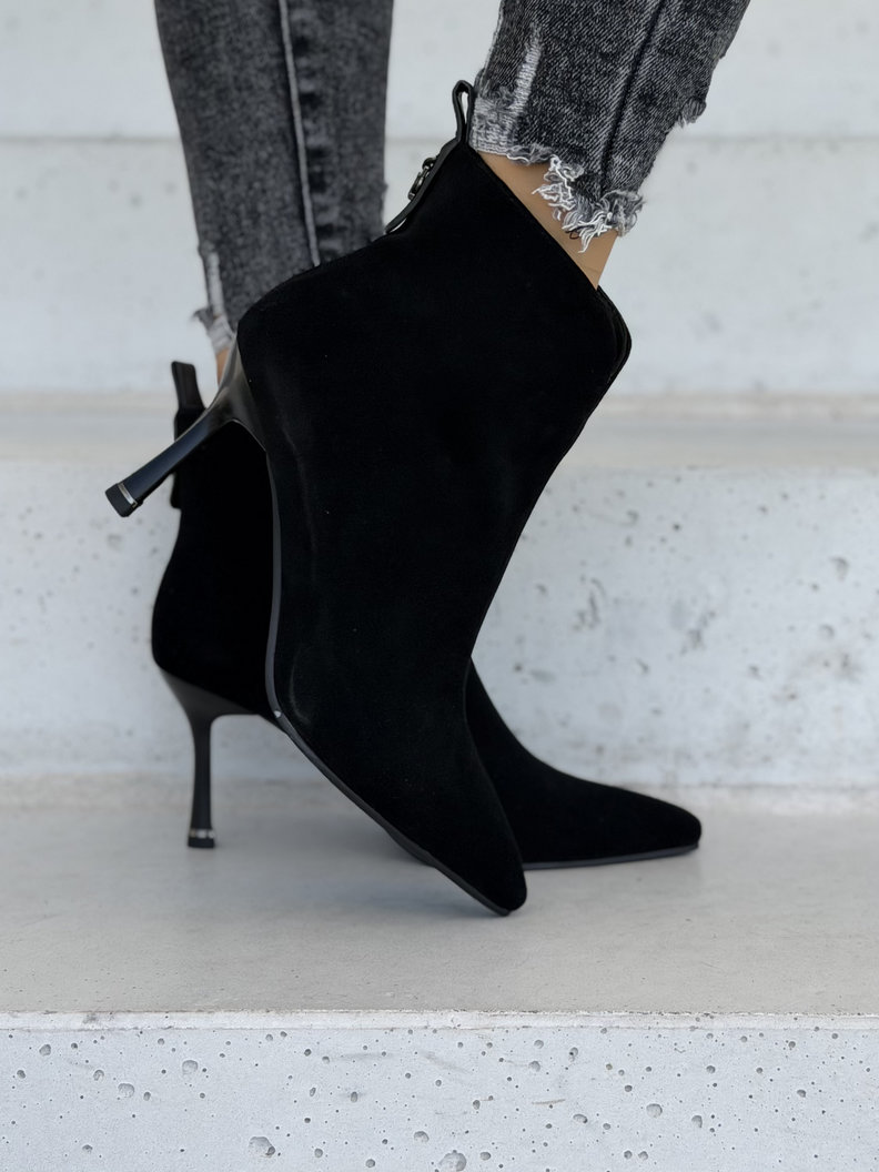 Skórzane ocieplane botki na obcasie IZARRA BLACK SUEDE - obrazek 3