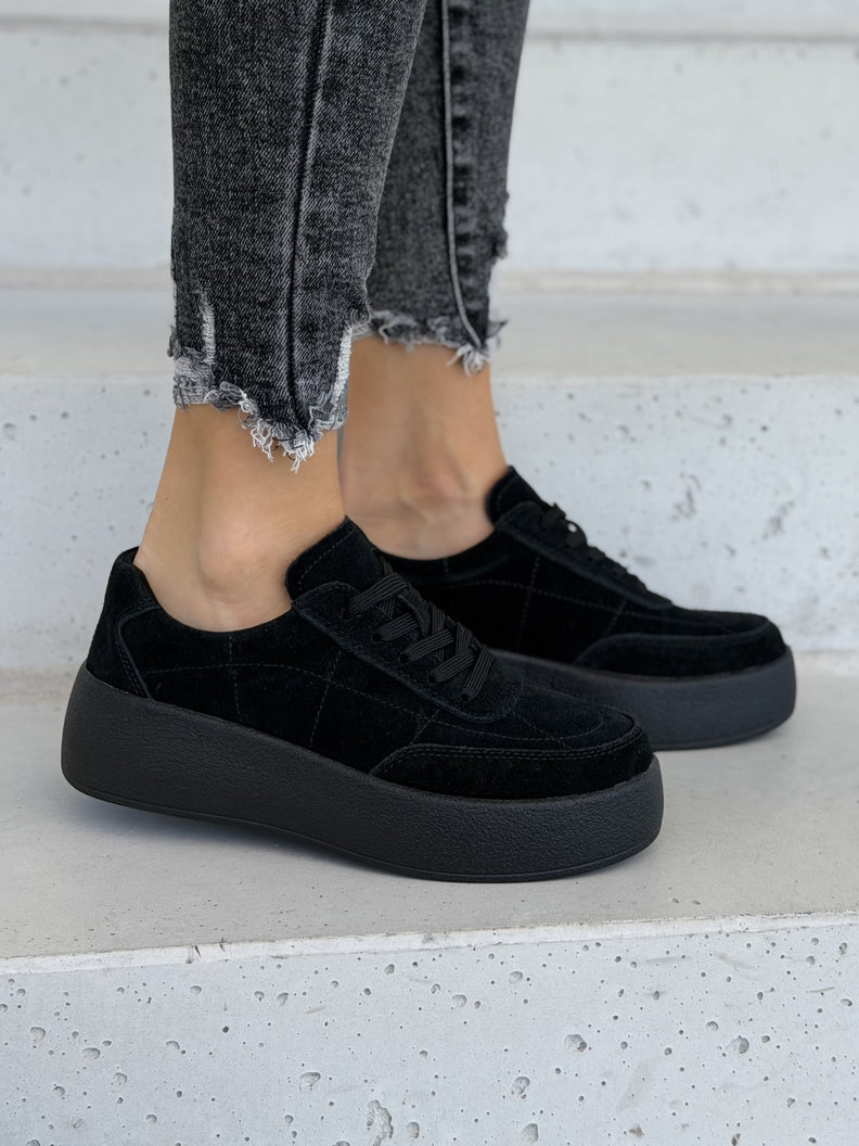 Skórzane trampki SAVERO BLACK na wyższej podeszwie - obrazek 5