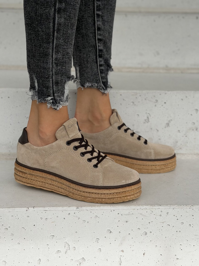 Skórzane trampki na lekkiej wyższej podeszwie KAZADII PORTELLA BEIGE polska produkcja - obrazek 4