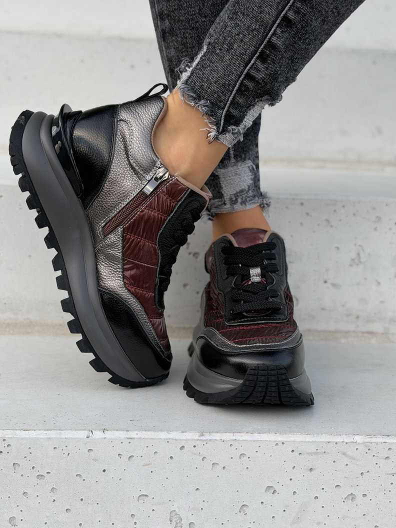 Skórzane lekkie sneakersy VESSA BLACK BORDO - obrazek 2