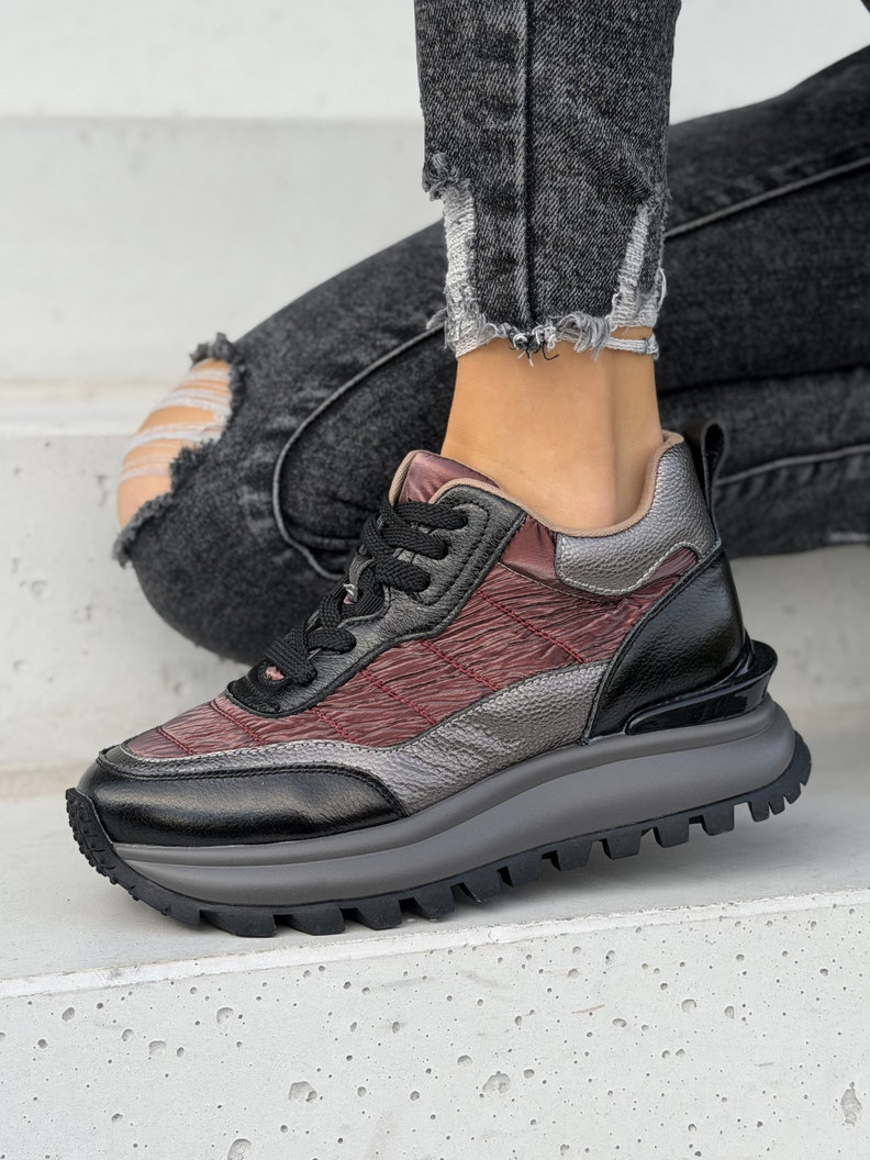 Skórzane lekkie sneakersy VESSA BLACK BORDO