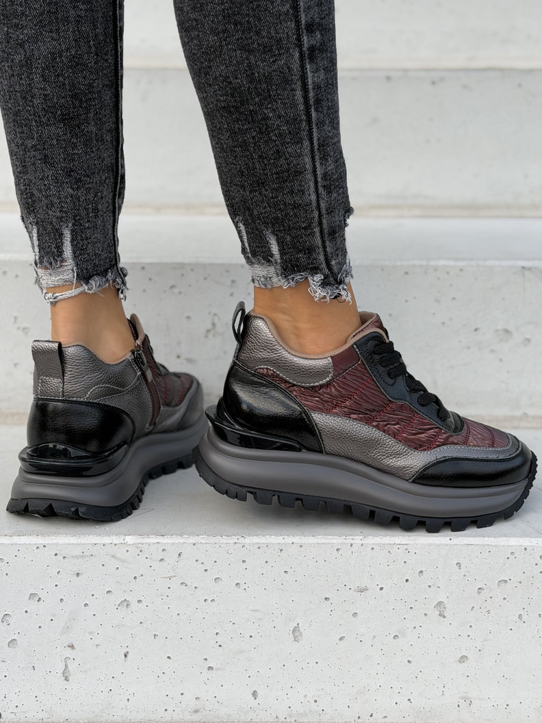 Skórzane lekkie sneakersy VESSA BLACK BORDO - obrazek 5